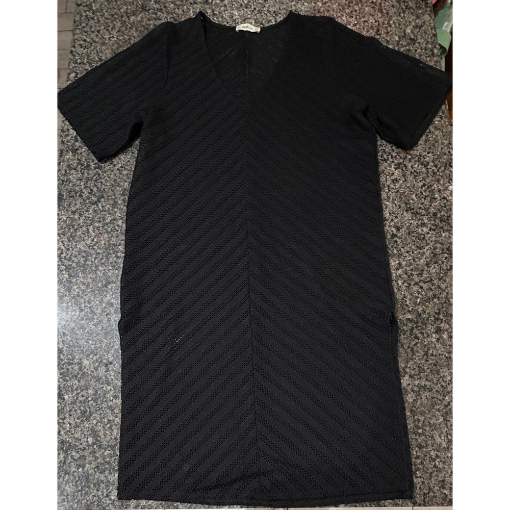 Zara Knit Black Crochet Chevron Pointelle V-Neck Midi Dress Short Sleeve Medium